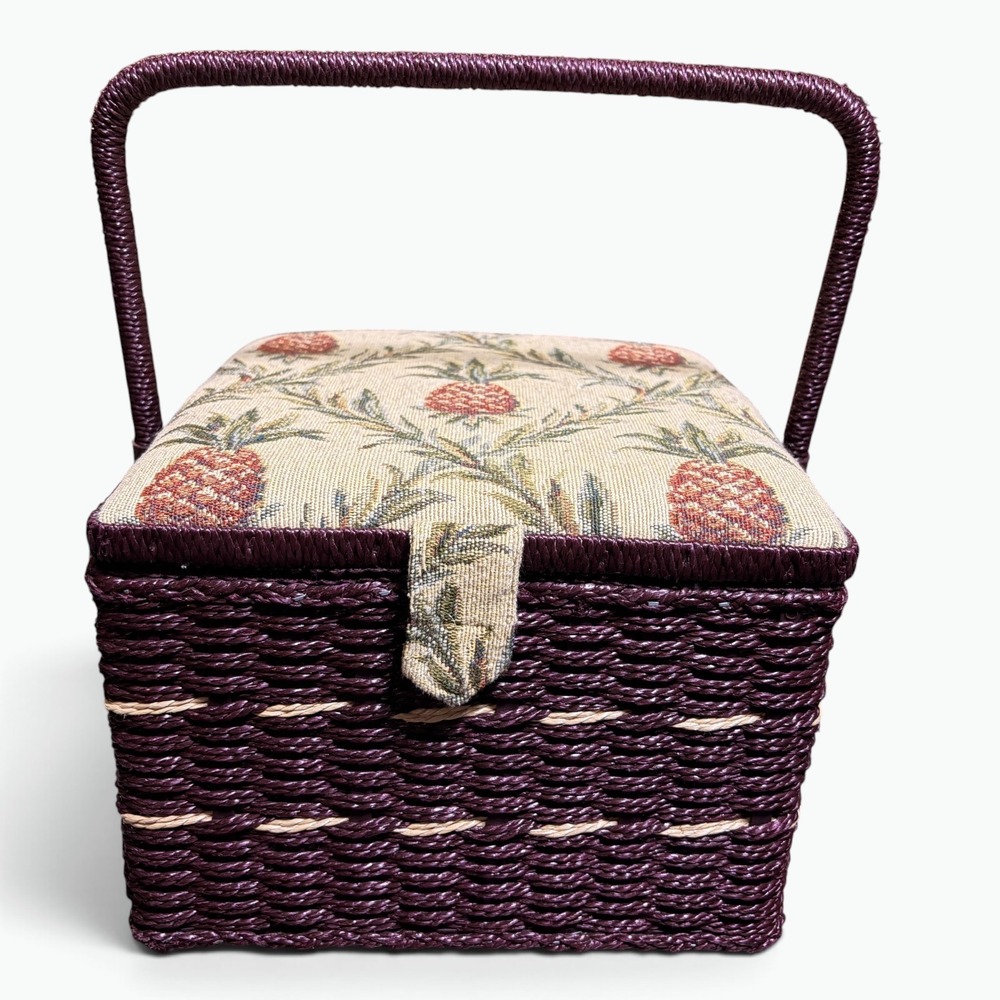 Vintage Plum Wicker Sewing Basket Pineapple Tapestry Lid Cottagecore Organizer